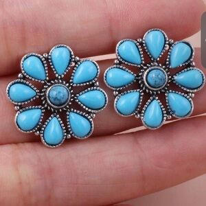 Southwestern Bohemian Faux Turquoise Floral Stud Earrings